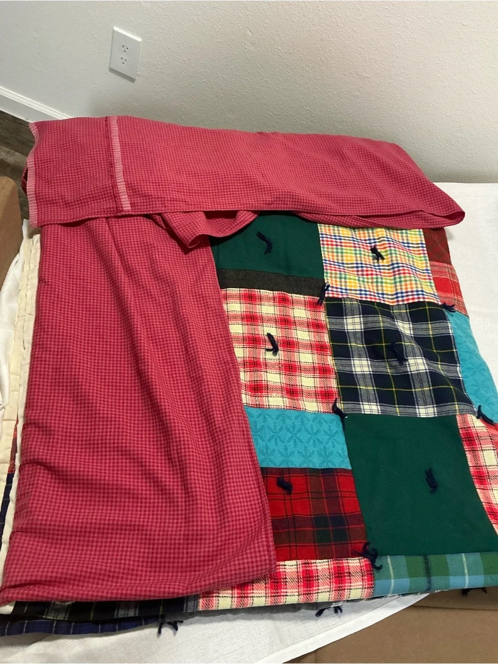 Vintage handmade patchwork quilt yarn tied plaid blanket with skirt 82x70